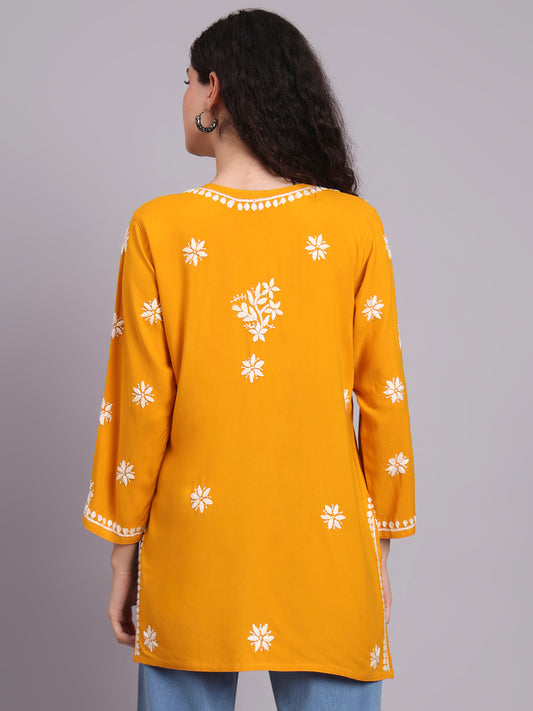 Women Hand Embroidered Chikankari Rayon Short Kurti-AL4071 Mustard