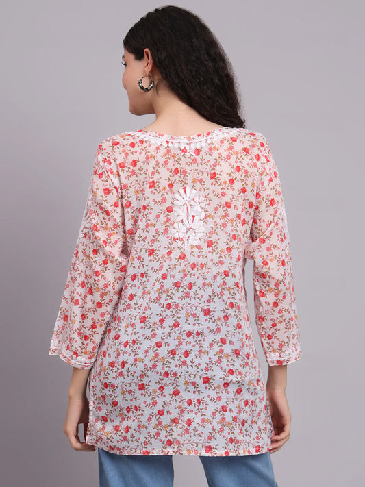 Women Hand Embroidered Chikankari Printed Cotton Kurti-AL4073 Red