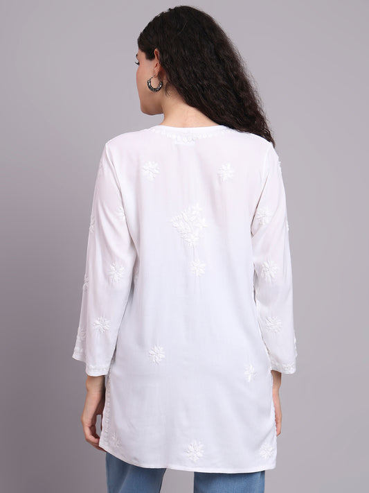 Women Hand Embroidered Chikankari Rayon Short Kurti-AL4071 White