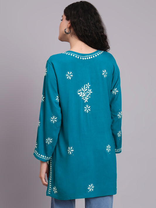 Women Hand Embroidered Chikankari Rayon Short Kurti-AL4071 Teal