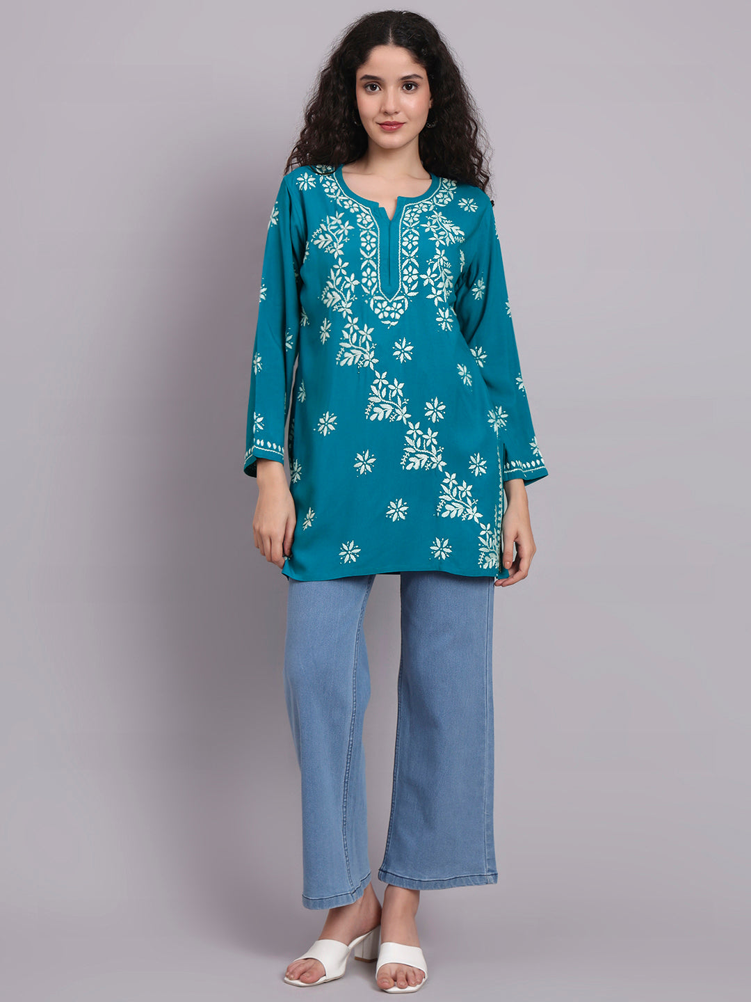 Women Hand Embroidered Chikankari Rayon Short Kurti-AL4071 Teal