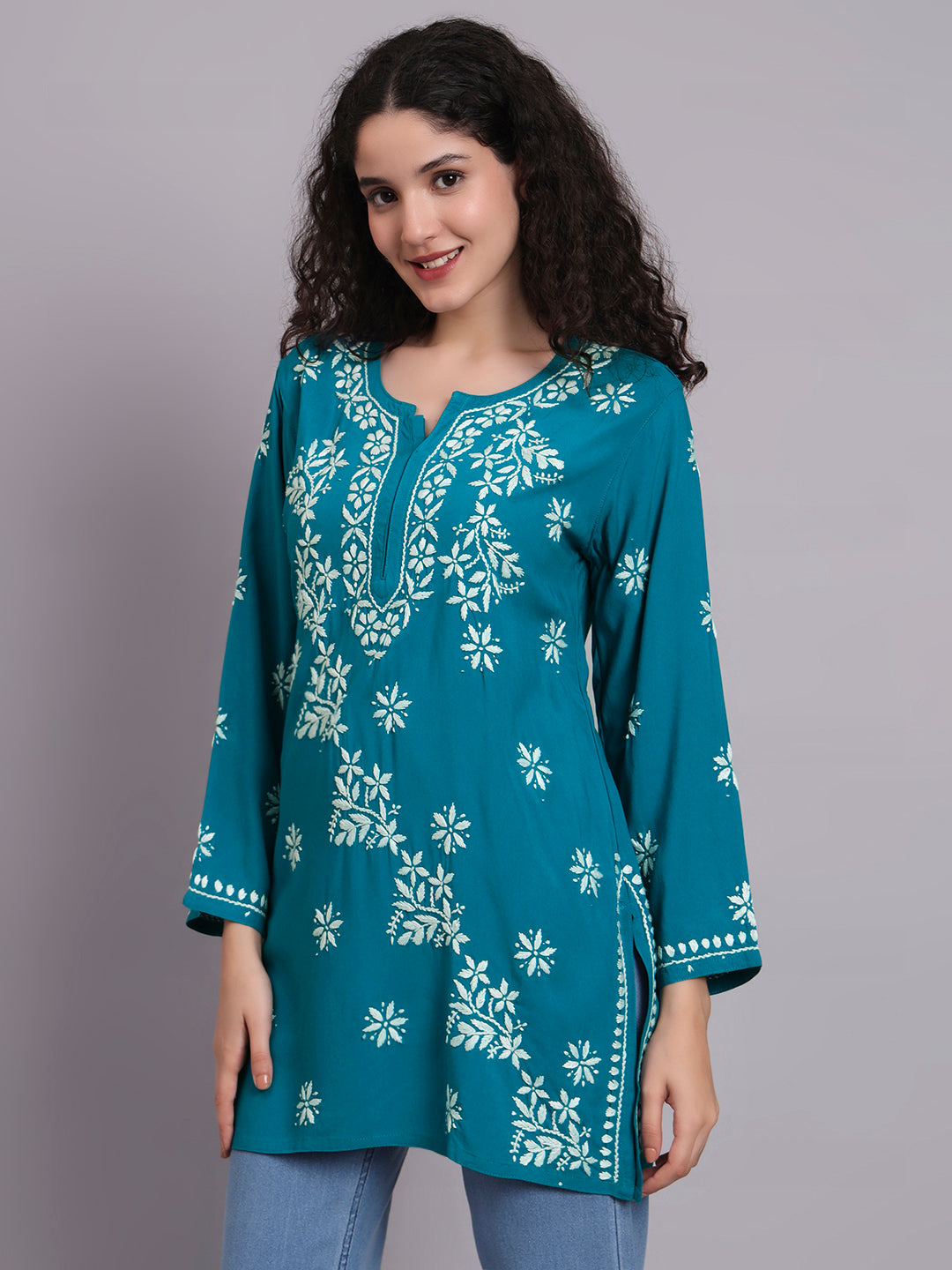 Women Hand Embroidered Chikankari Rayon Short Kurti-AL4071 Teal