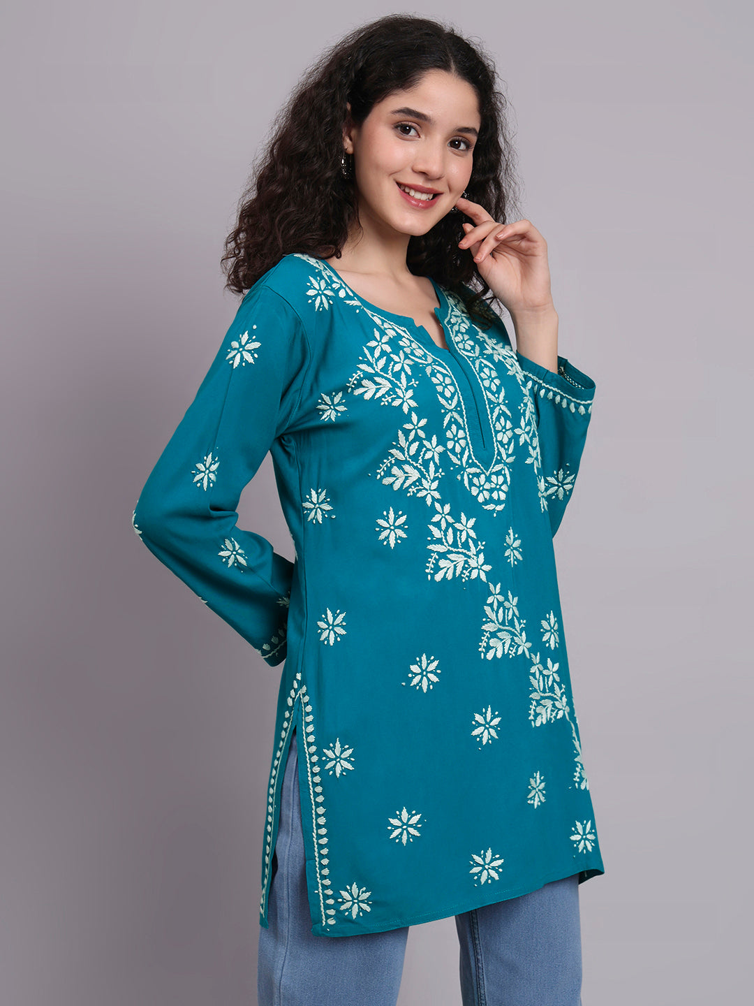 Women Hand Embroidered Chikankari Rayon Short Kurti-AL4071 Teal