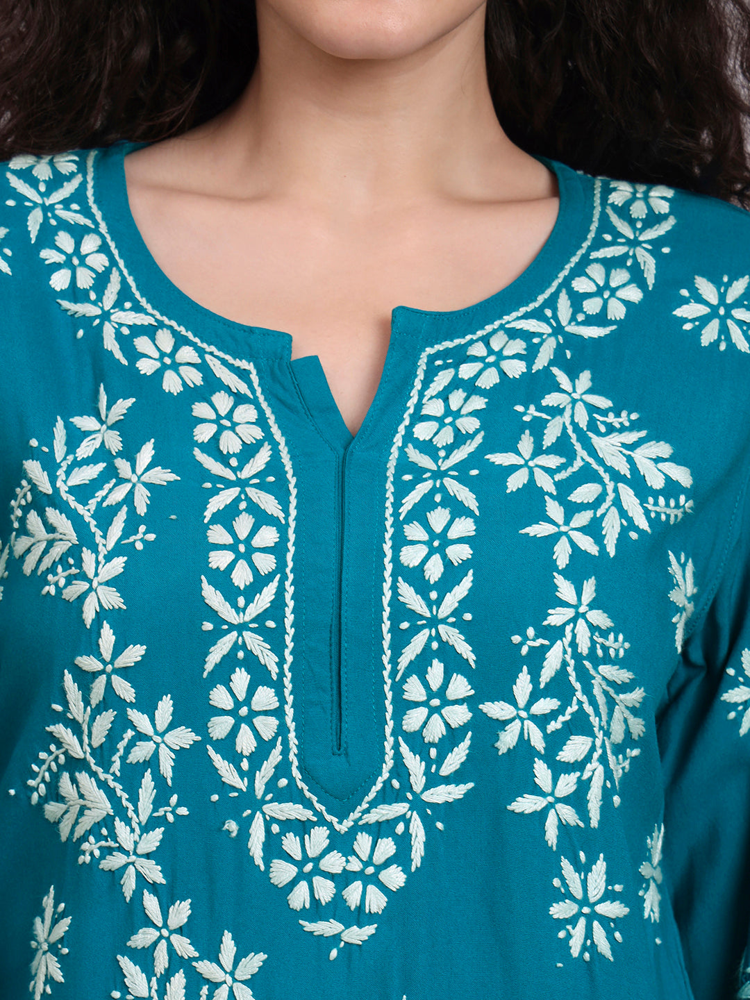 Women Hand Embroidered Chikankari Rayon Short Kurti-AL4071 Teal