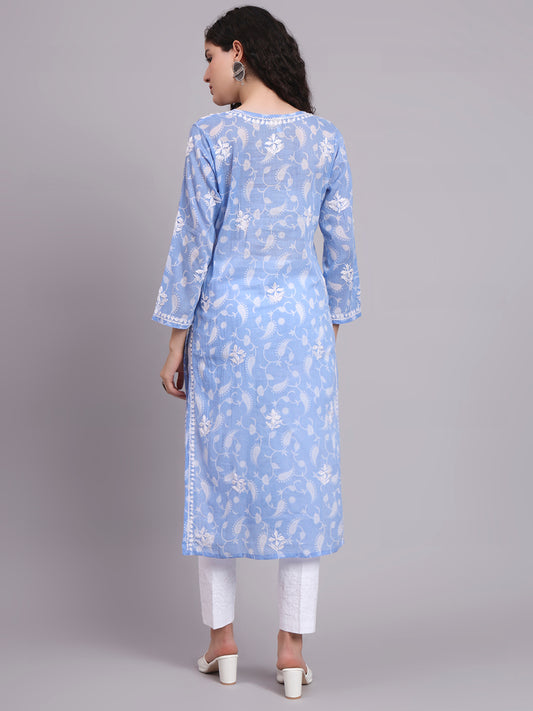 Women Hand Embroidered Chikankari Mul Printed Cotton Kurta-AL4072 Blue