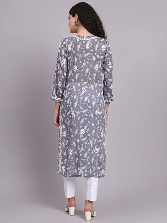 Women Hand Embroidered Chikankari Mul Printed Cotton Kurta-AL4072 Grey