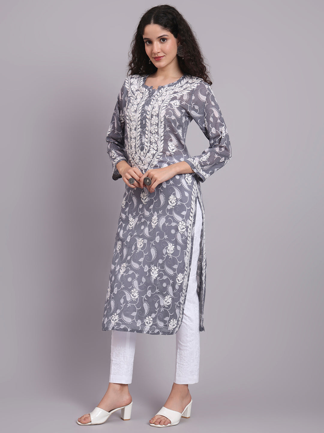 Women Hand Embroidered Chikankari Mul Printed Cotton Kurta-AL4072 Grey