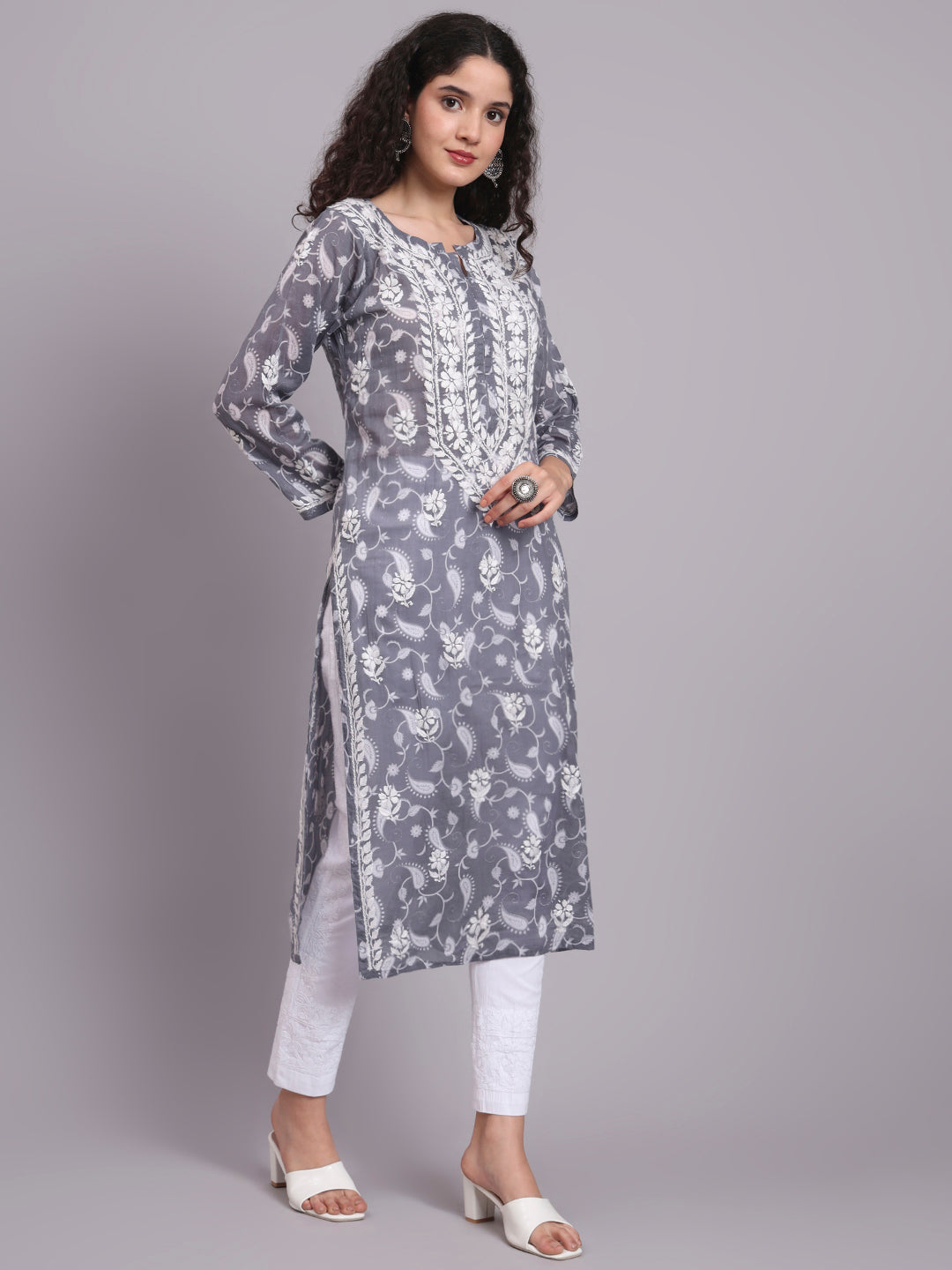 Women Hand Embroidered Chikankari Mul Printed Cotton Kurta-AL4072 Grey