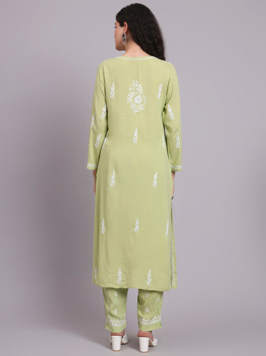 Women Hand Embroidered Chikankari Rayon Kurta set-AL3451KS Green