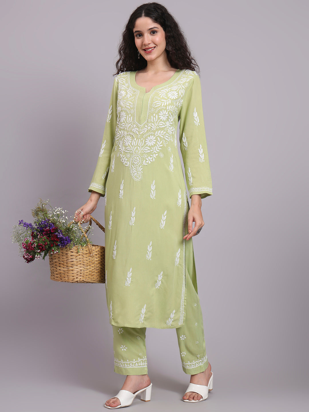 Women Hand Embroidered Chikankari Rayon Kurta set-AL3451KS Green