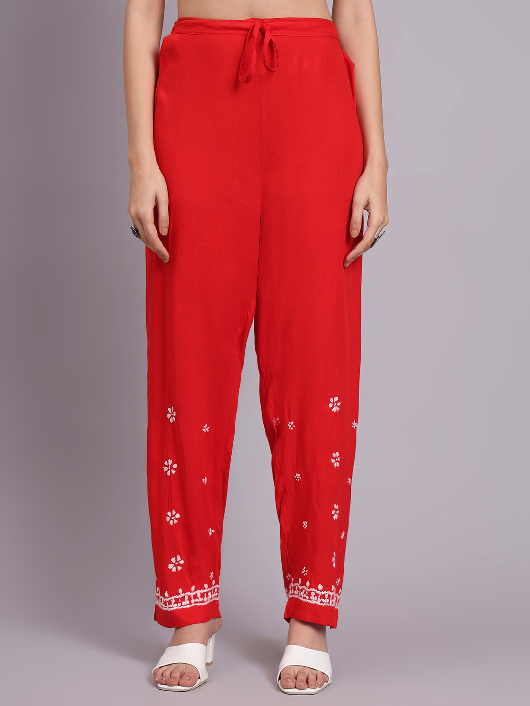 Women Hand Embroidered Chikankari Rayon Kurta set-AL3451KS Redandwhite