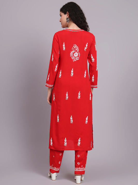 Women Hand Embroidered Chikankari Rayon Kurta set-AL3451KS Redandwhite