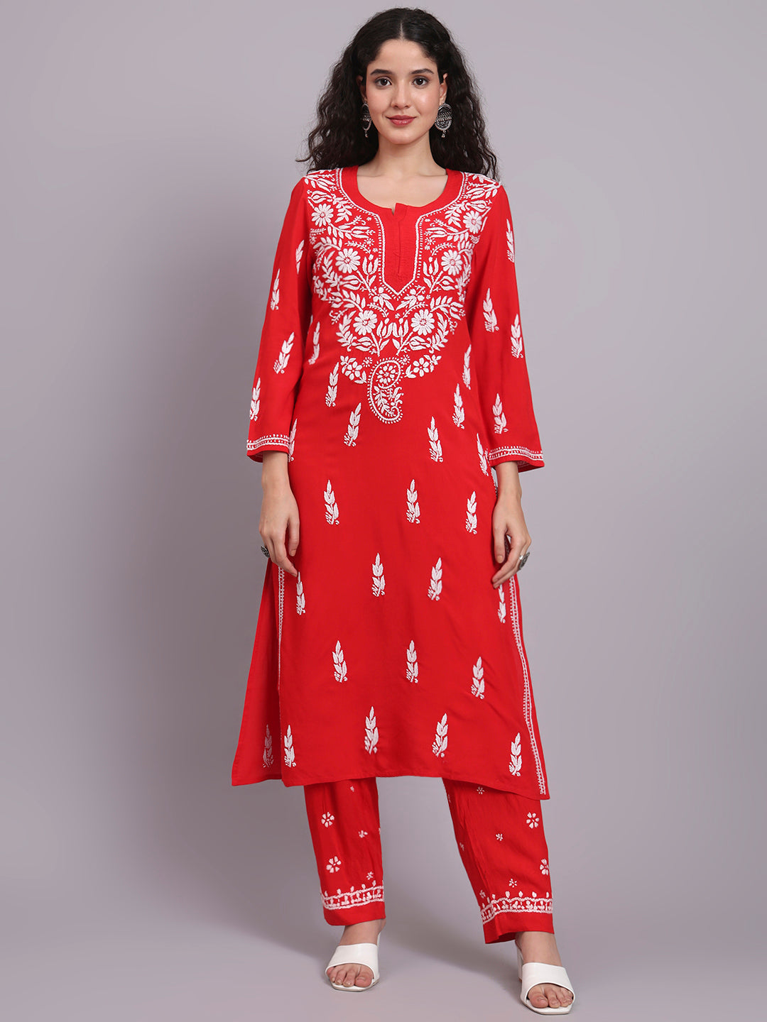 Women Hand Embroidered Chikankari Rayon Kurta set-AL3451KS Redandwhite