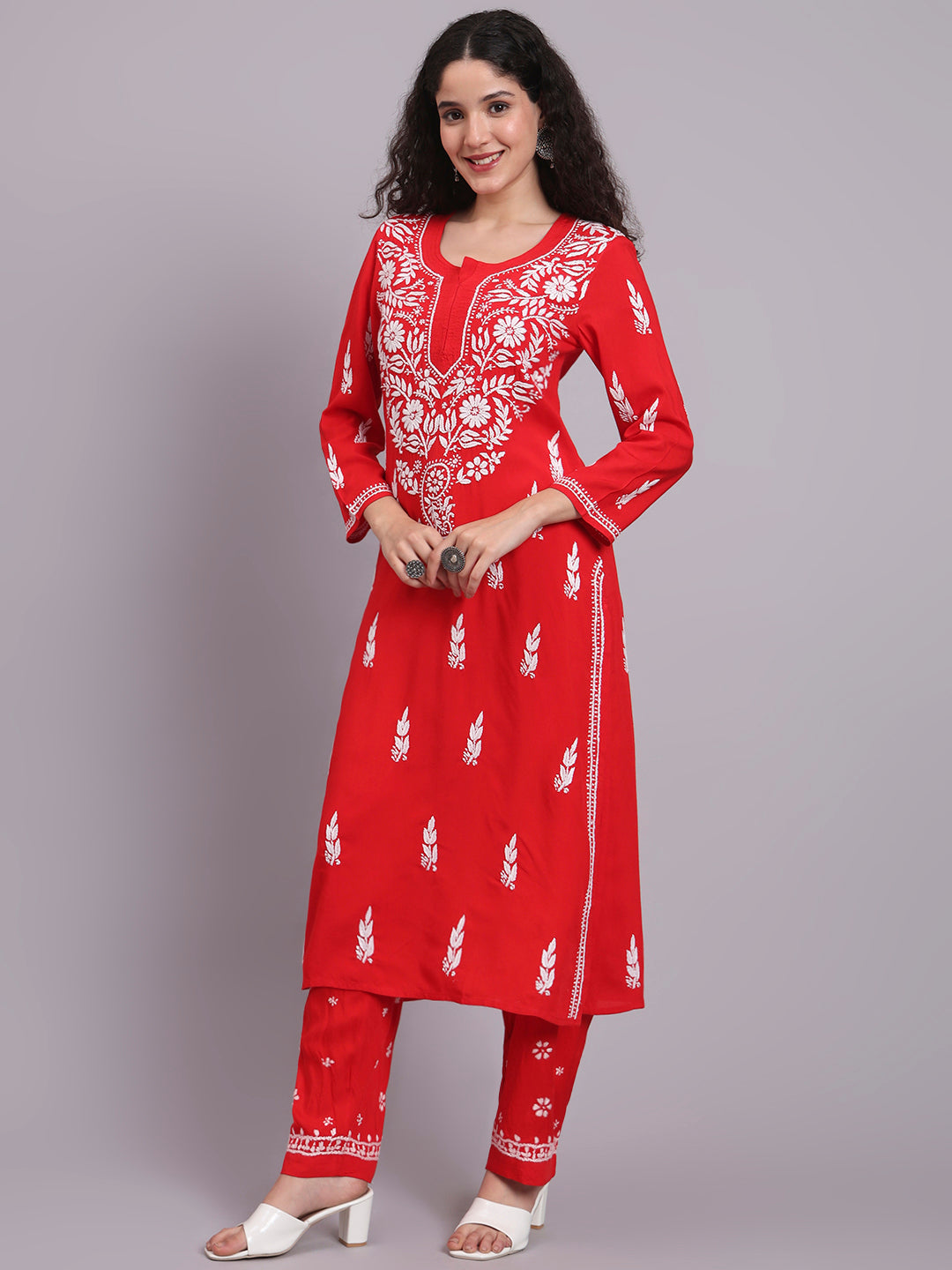 Women Hand Embroidered Chikankari Rayon Kurta set-AL3451KS Redandwhite