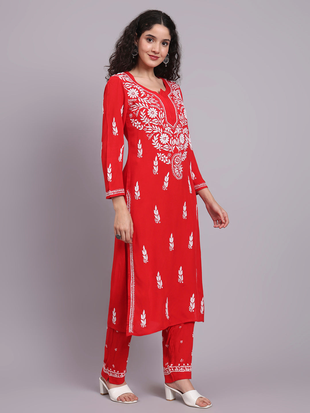 Women Hand Embroidered Chikankari Rayon Kurta set-AL3451KS Redandwhite