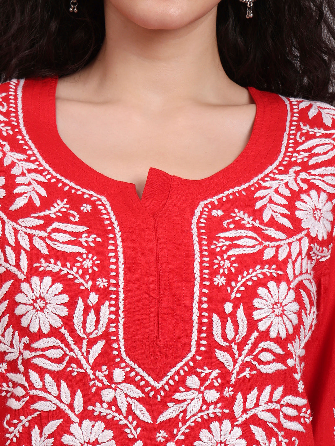Women Hand Embroidered Chikankari Rayon Kurta set-AL3451KS Redandwhite