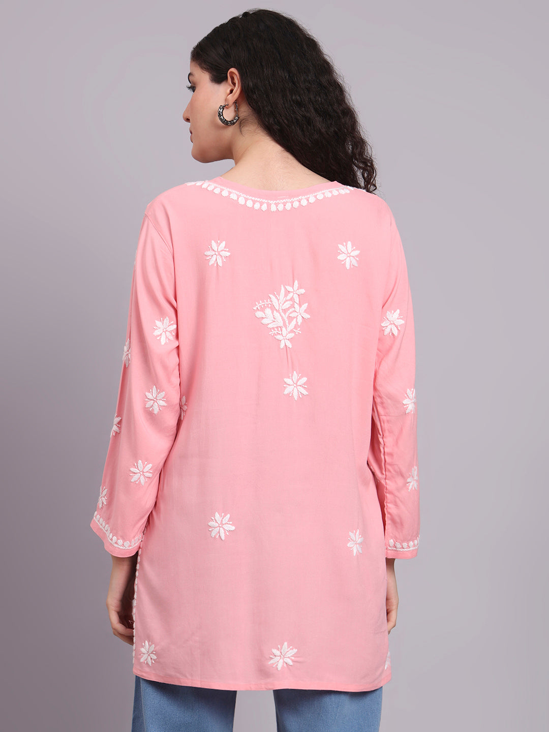 Women Chikankari Hand Embroidered Rayon Kurti -AL4071 Peach
