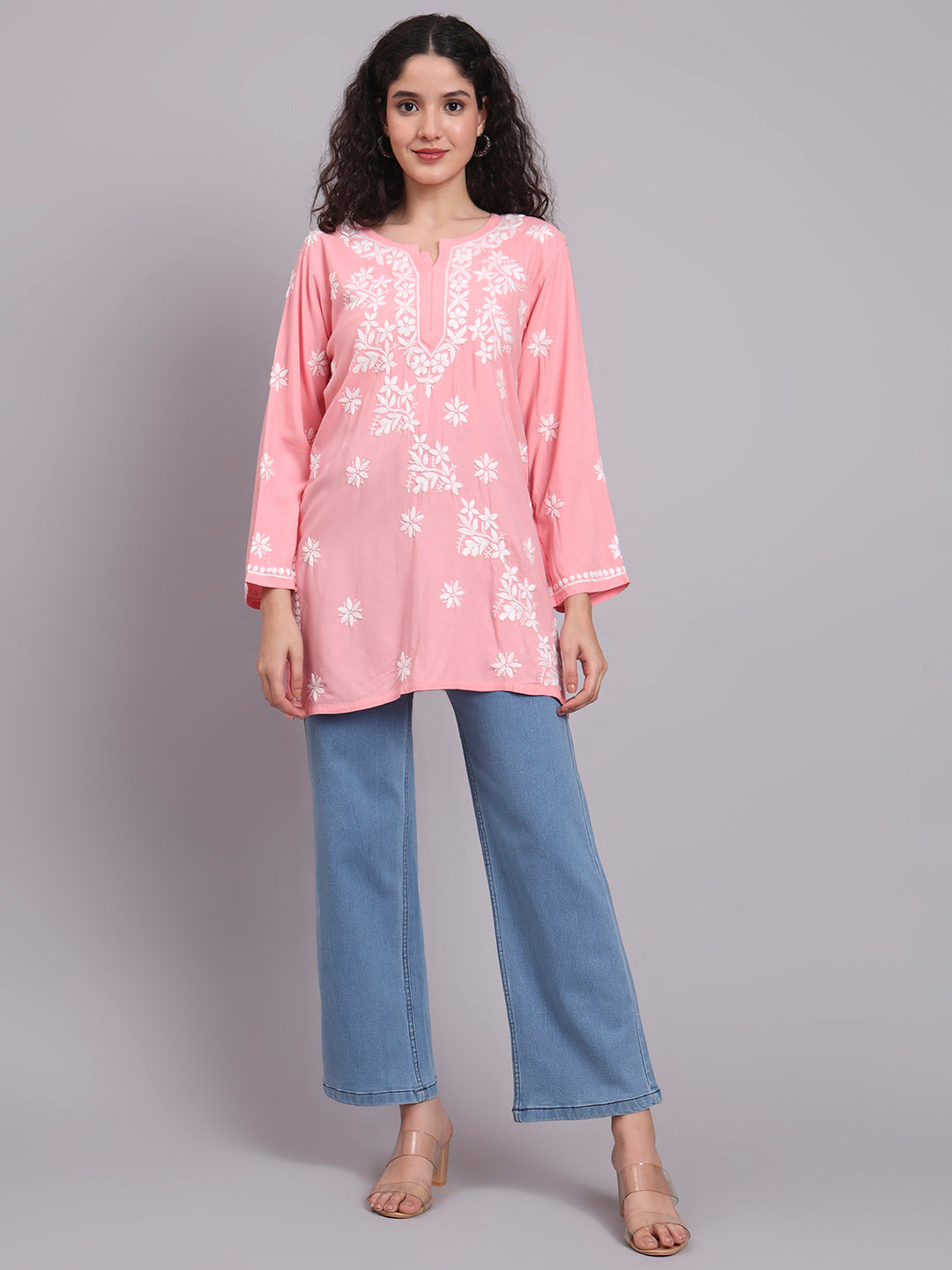 Women Chikankari Hand Embroidered Rayon Kurti -AL4071 Peach