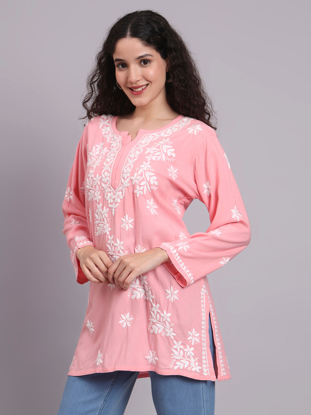Women Chikankari Hand Embroidered Rayon Kurti -AL4071 Peach