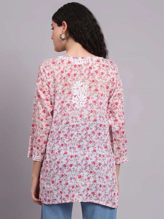 Women Hand Embroidered Chikankari Printed Cotton Kurti-AL4073 Pink