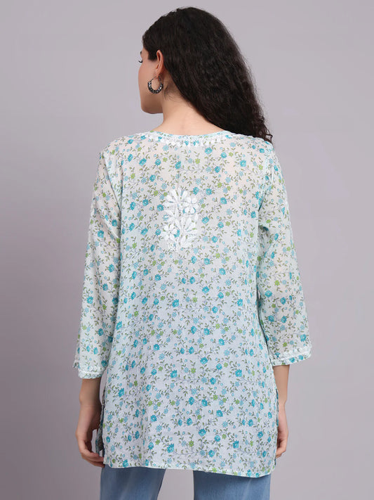 Women Hand Embroidered Chikankari Printed Cotton Kurti-AL4073 Blue