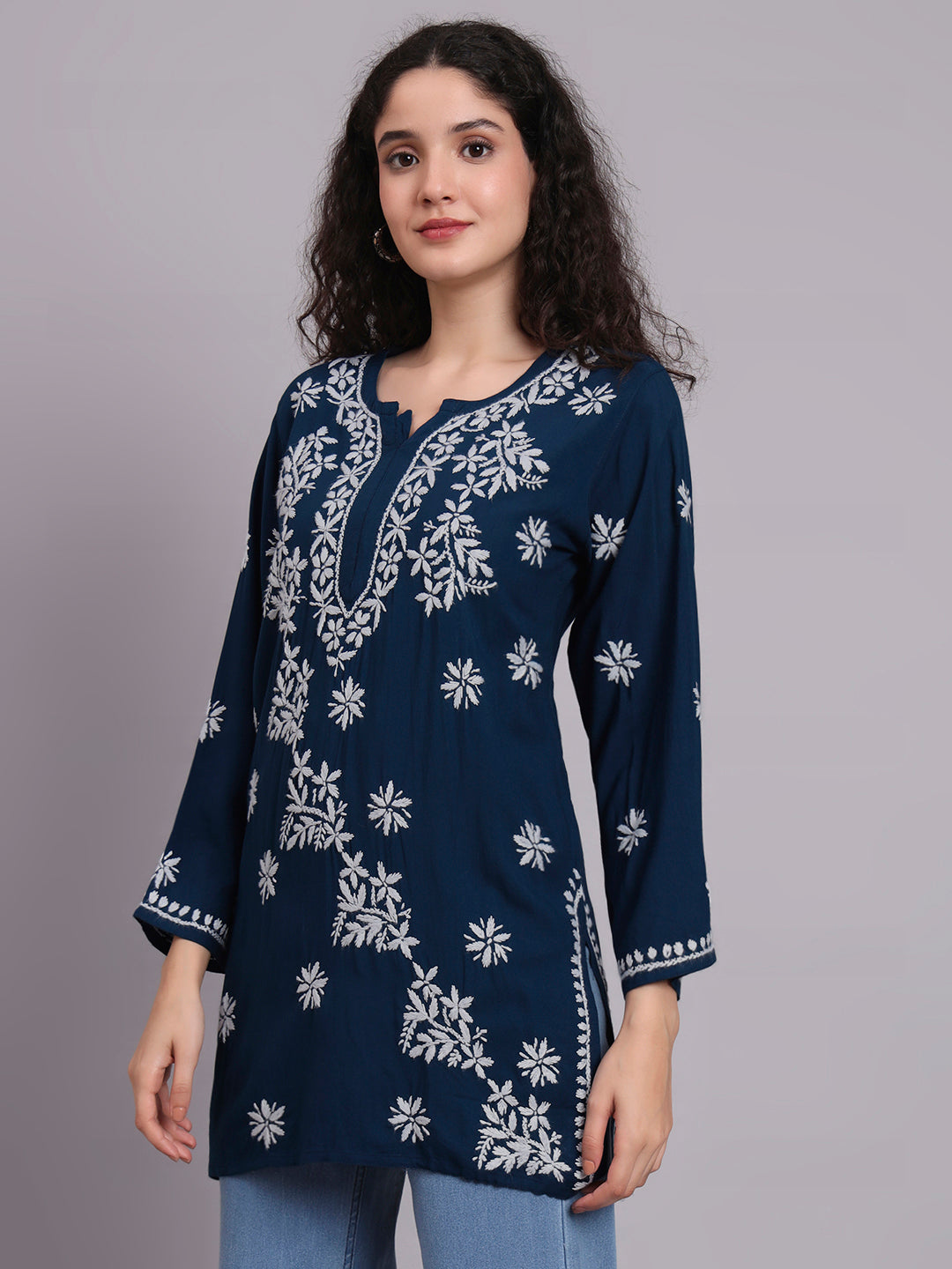 Women Hand Embroidered Chikankari Rayon Kurti-AL4071 Black