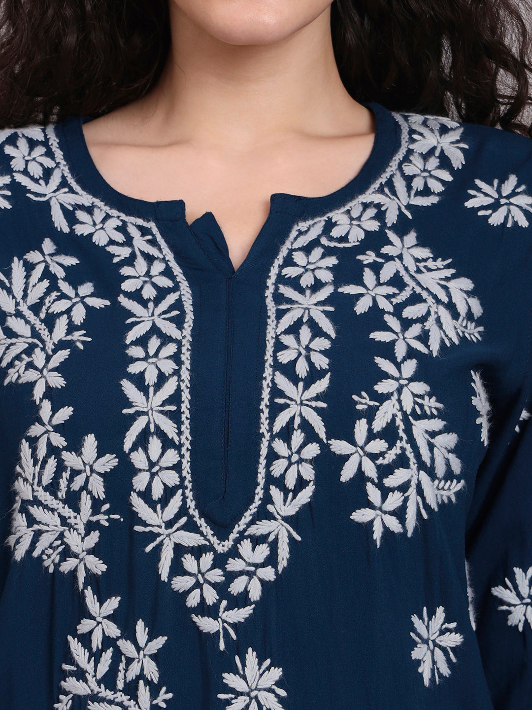 Women Hand Embroidered Chikankari Rayon Kurti-AL4071 Navy