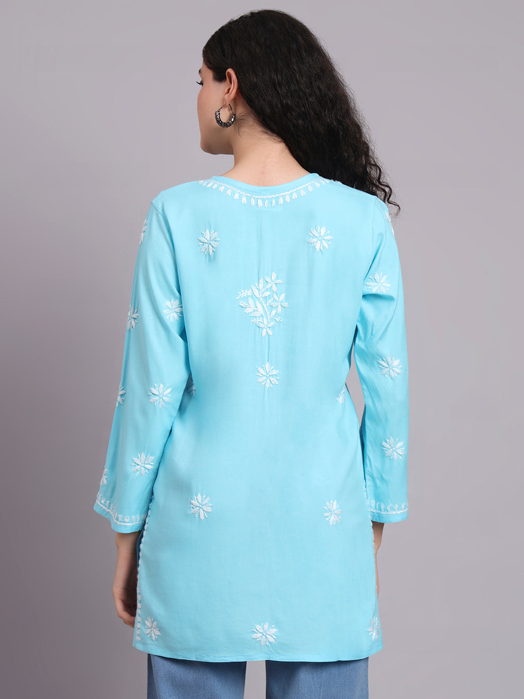 Women Hand Embroidered Chikankari Rayon Kurti-AL4071 Sky Blue