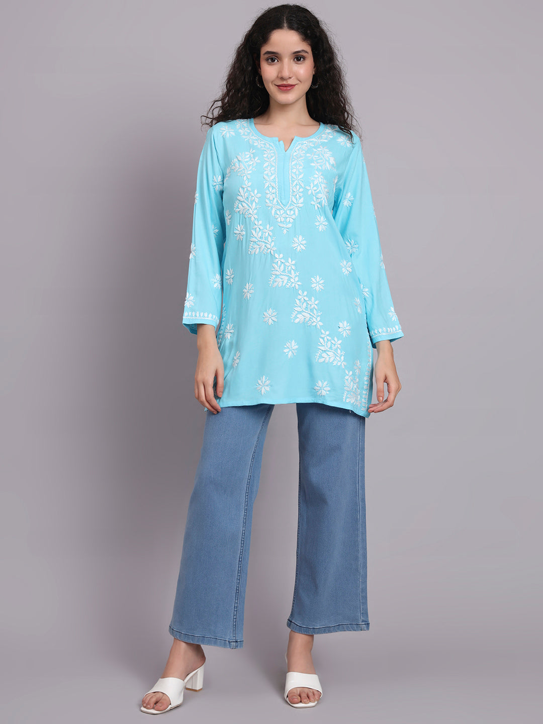 Women Hand Embroidered Chikankari Rayon Kurti-AL4071 Sky Blue
