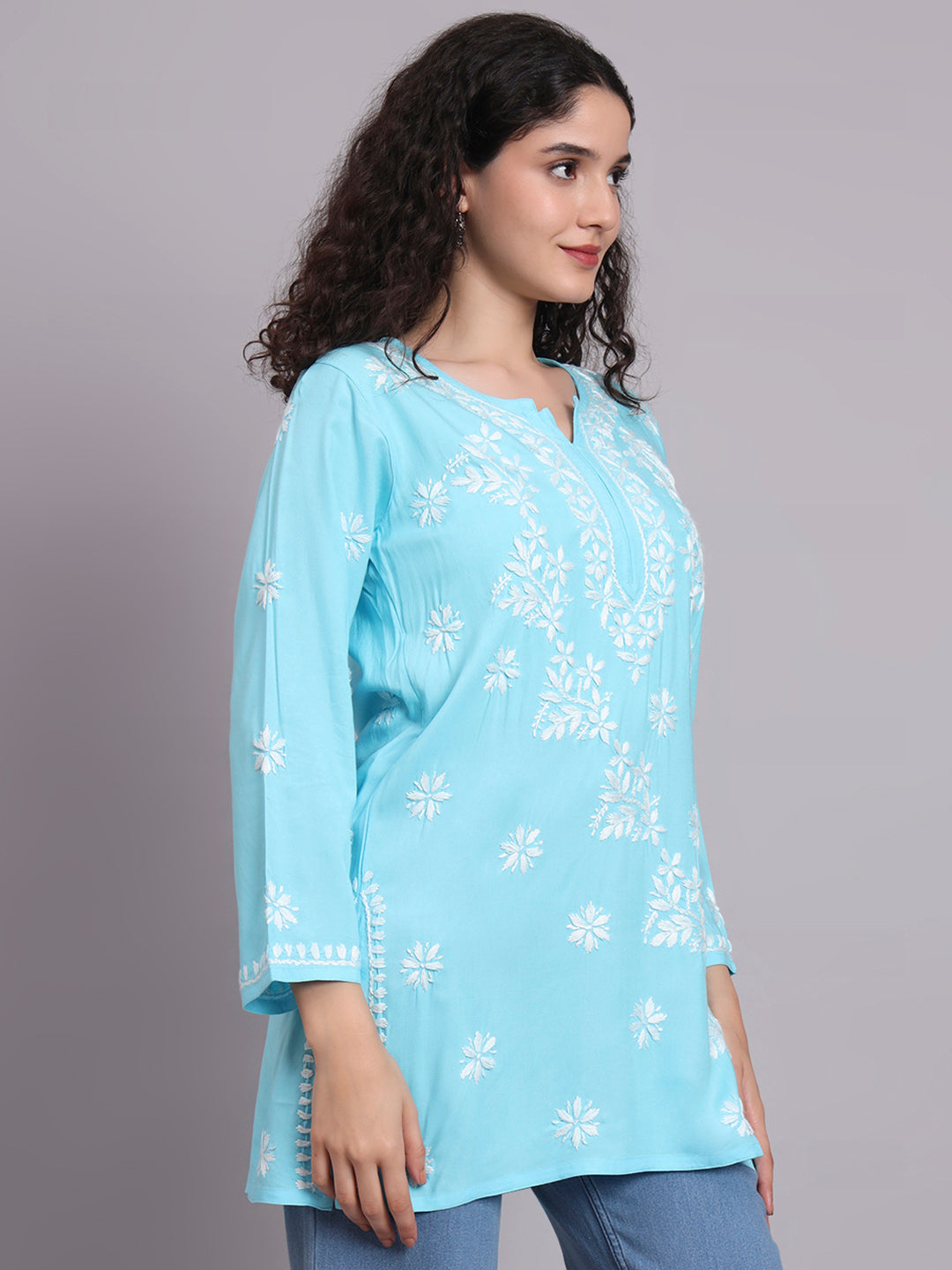 Women Hand Embroidered Chikankari Rayon Kurti-AL4071 Sky Blue