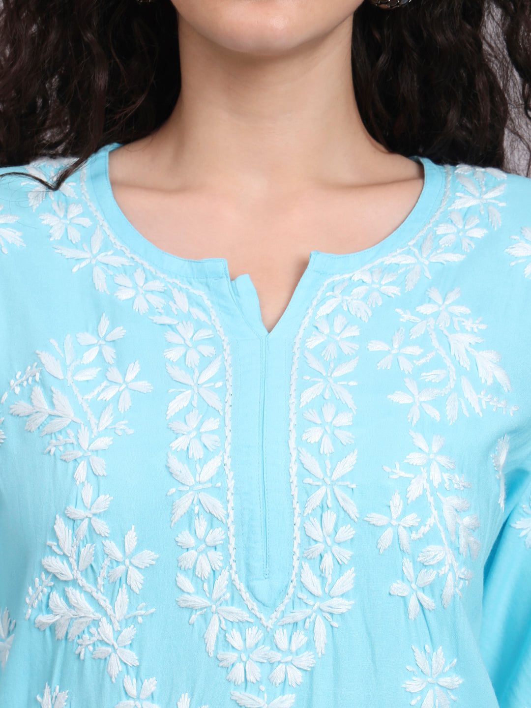 Women Hand Embroidered Chikankari Rayon Kurti-AL4071 Sky Blue