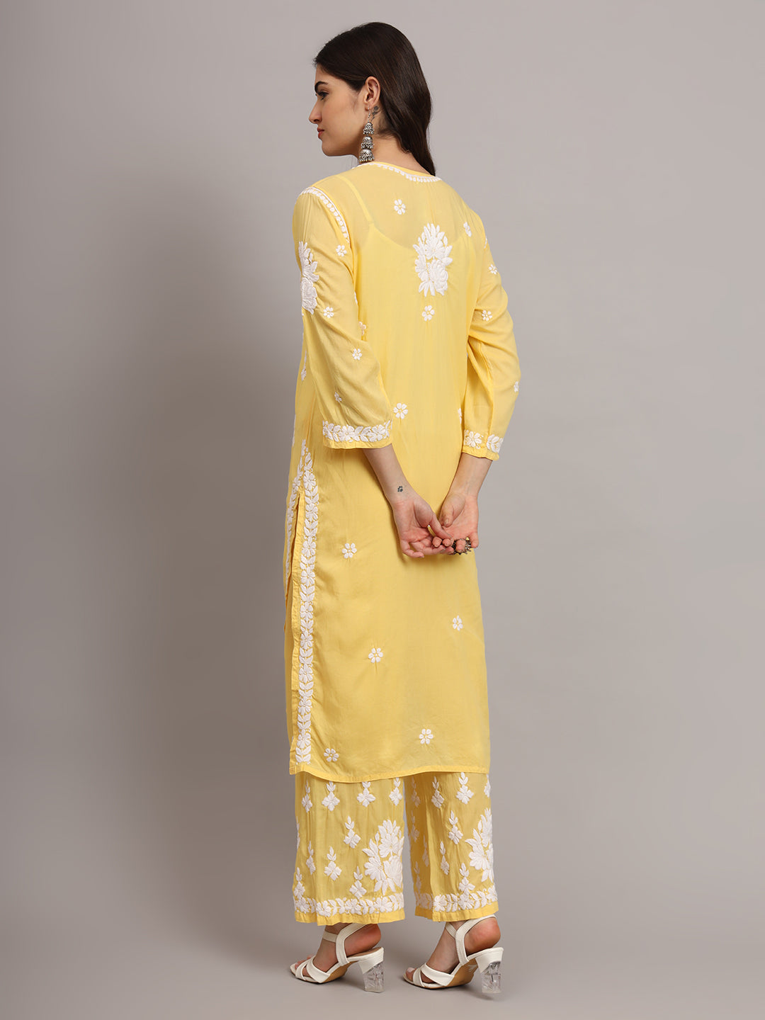 Women Hand Embroidered Chikankari Modal Kurta set-AL4049KS Yellow