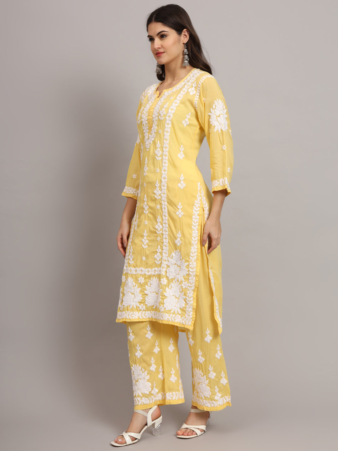 Women Hand Embroidered Chikankari Modal Kurta set-AL4049KS Yellow
