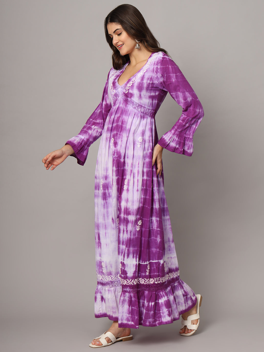 Women Chikankari Hand Embroidered Cotton Jalabiya in Tie-Dye shades-AL2160 Mauve
