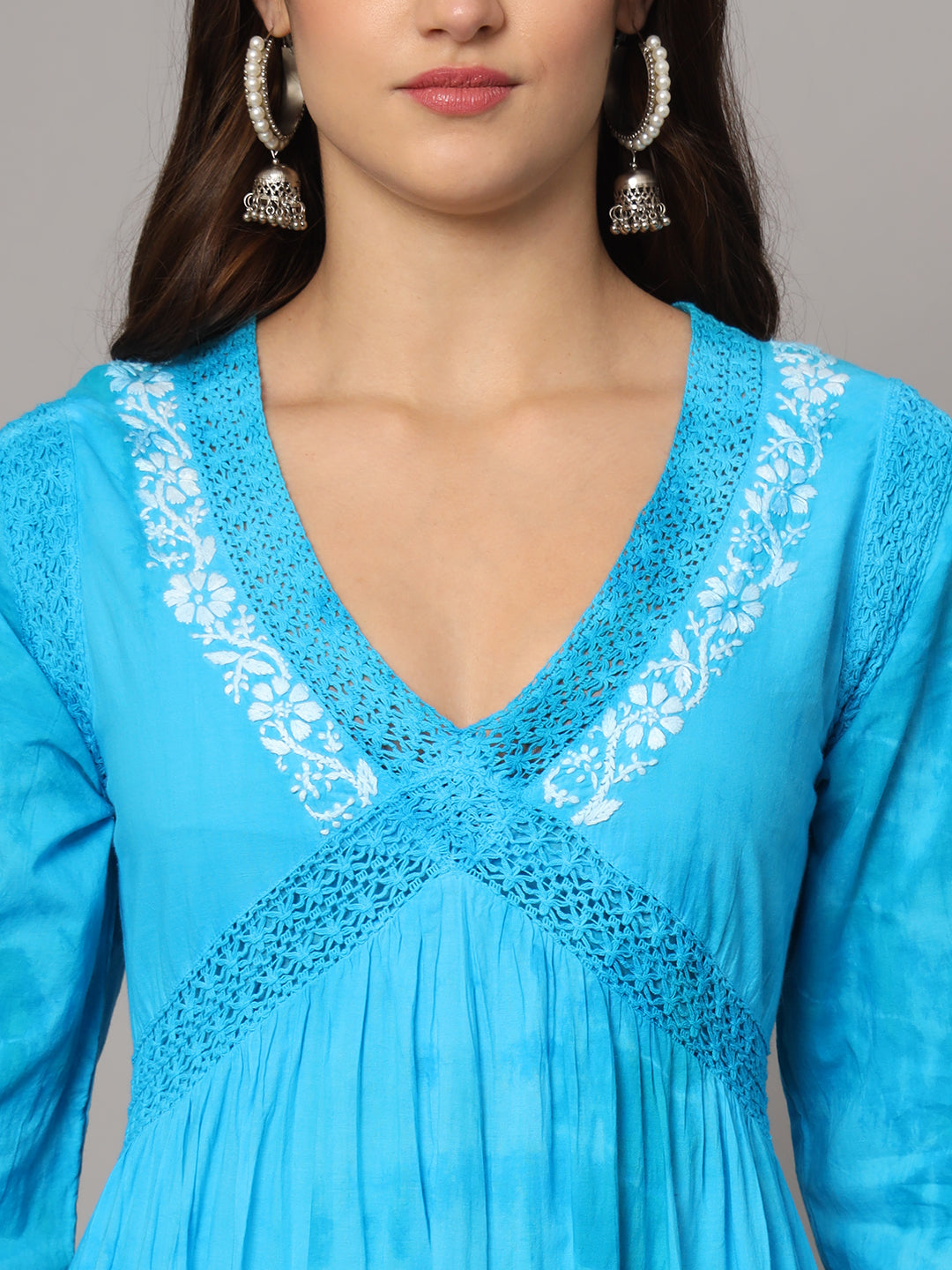 Women Chikankari Hand Embroidered Cotton Jalabiya in Tie-Dye shades-AL2160 Blue