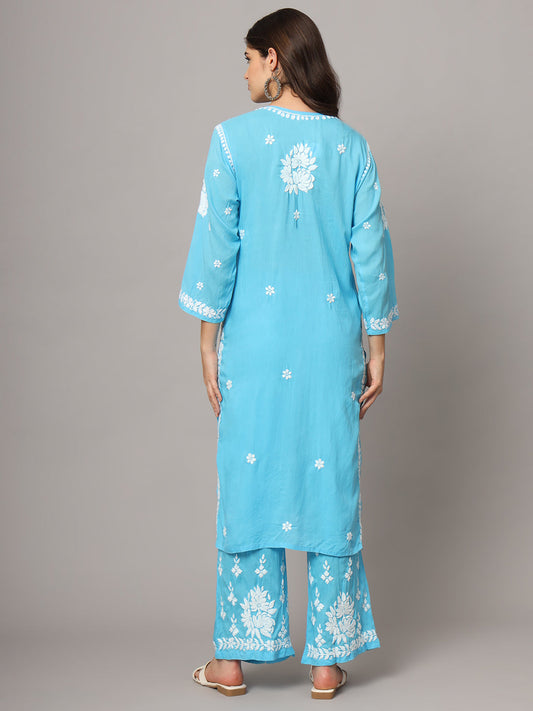 Women Hand Embroidered Chikankari Modal Kurta set-AL4049KS Turquoise