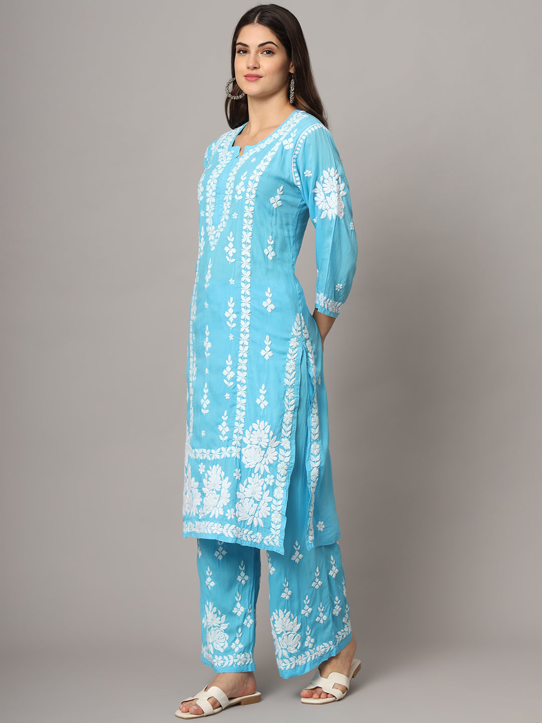 Women Hand Embroidered Chikankari Modal Kurta set-AL4049KS Turquoise