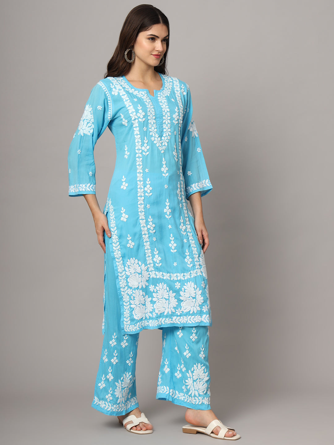 Women Hand Embroidered Chikankari Modal Kurta set-AL4049KS Turquoise