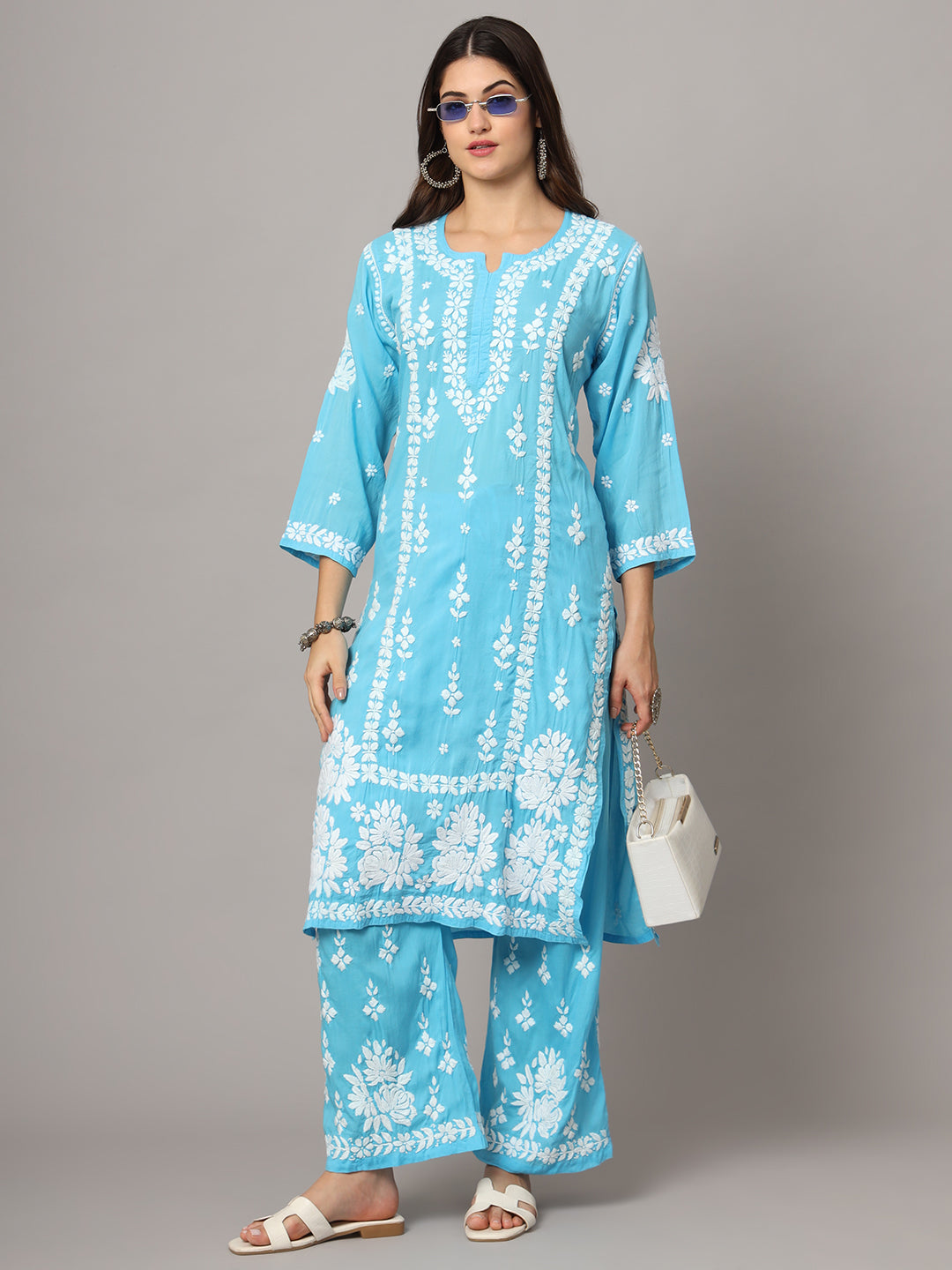 Women Hand Embroidered Chikankari Modal Kurta set-AL4049KS Turquoise