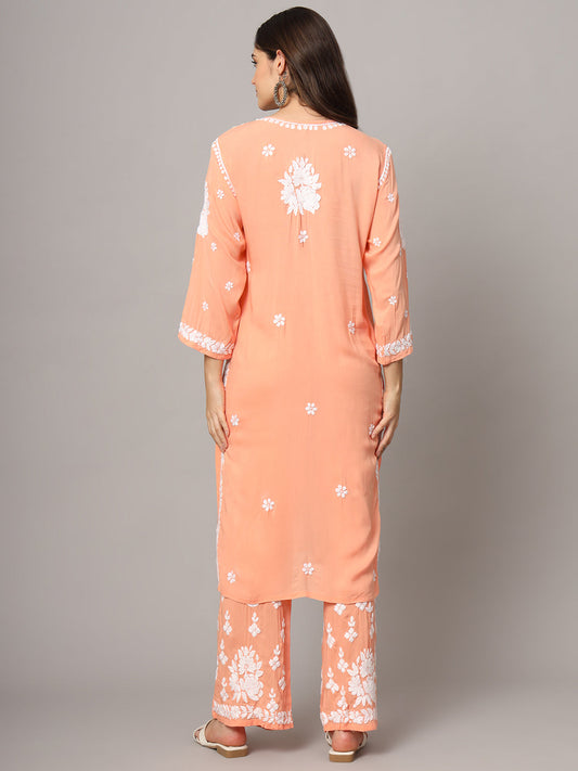 Women Hand Embroidered Chikankari Modal Kurta set-AL4049KS Peach