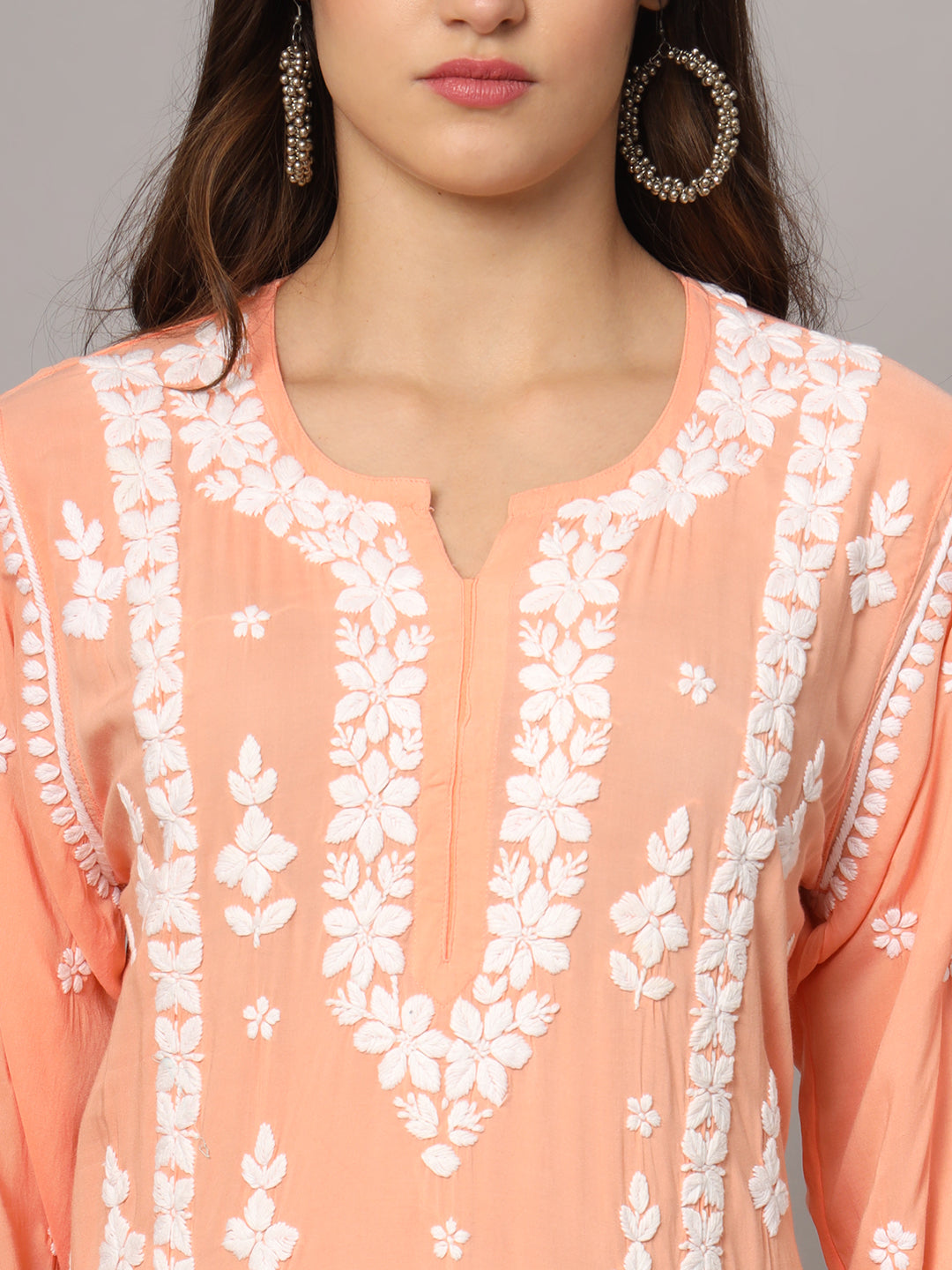 Women Hand Embroidered Chikankari Modal Kurta set-AL4049KS Peach