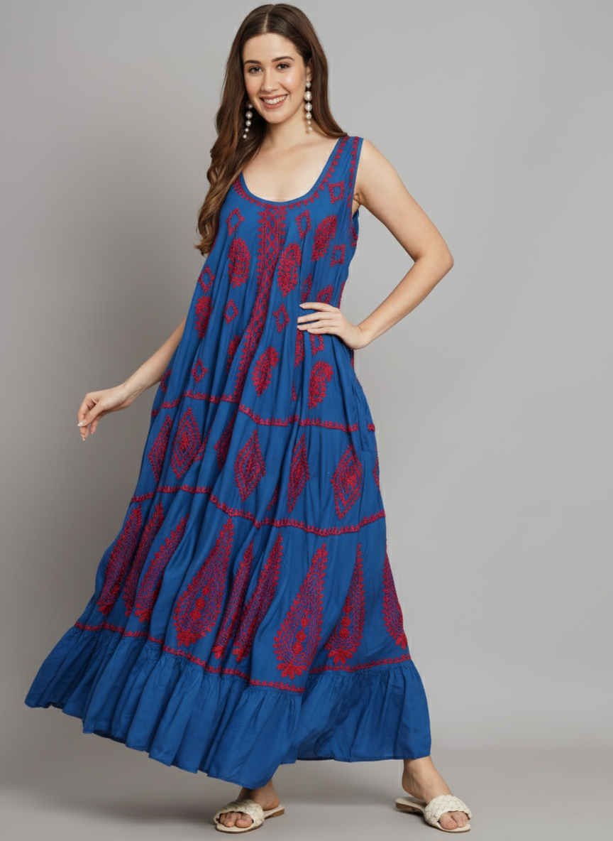 Hand Embroidered Chikankari Modal Kaftan-AL3605A Royalblue