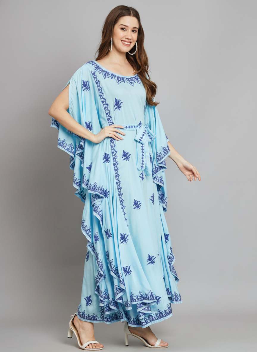 Hand Embroidered Chikankari Modal Kaftan-AL3604A Skyblueandroyalblue