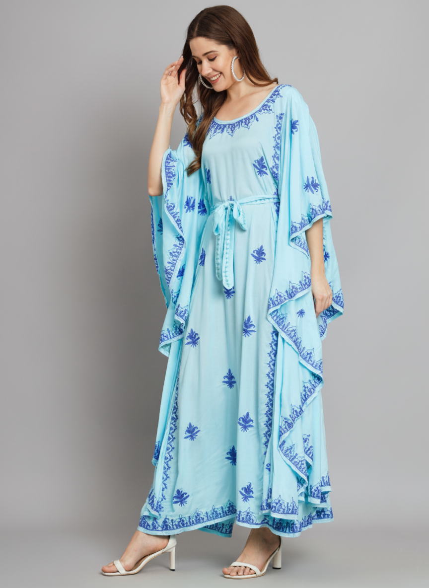 Hand Embroidered Chikankari Modal Kaftan-AL3604A Skyblueandroyalblue