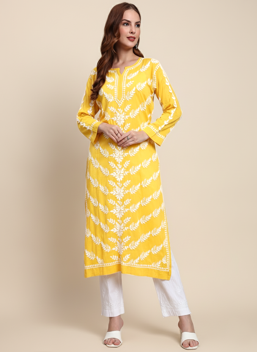 Women Hand Embroidered Chikankari Mulmul Kurta -AL3757 Yellow
