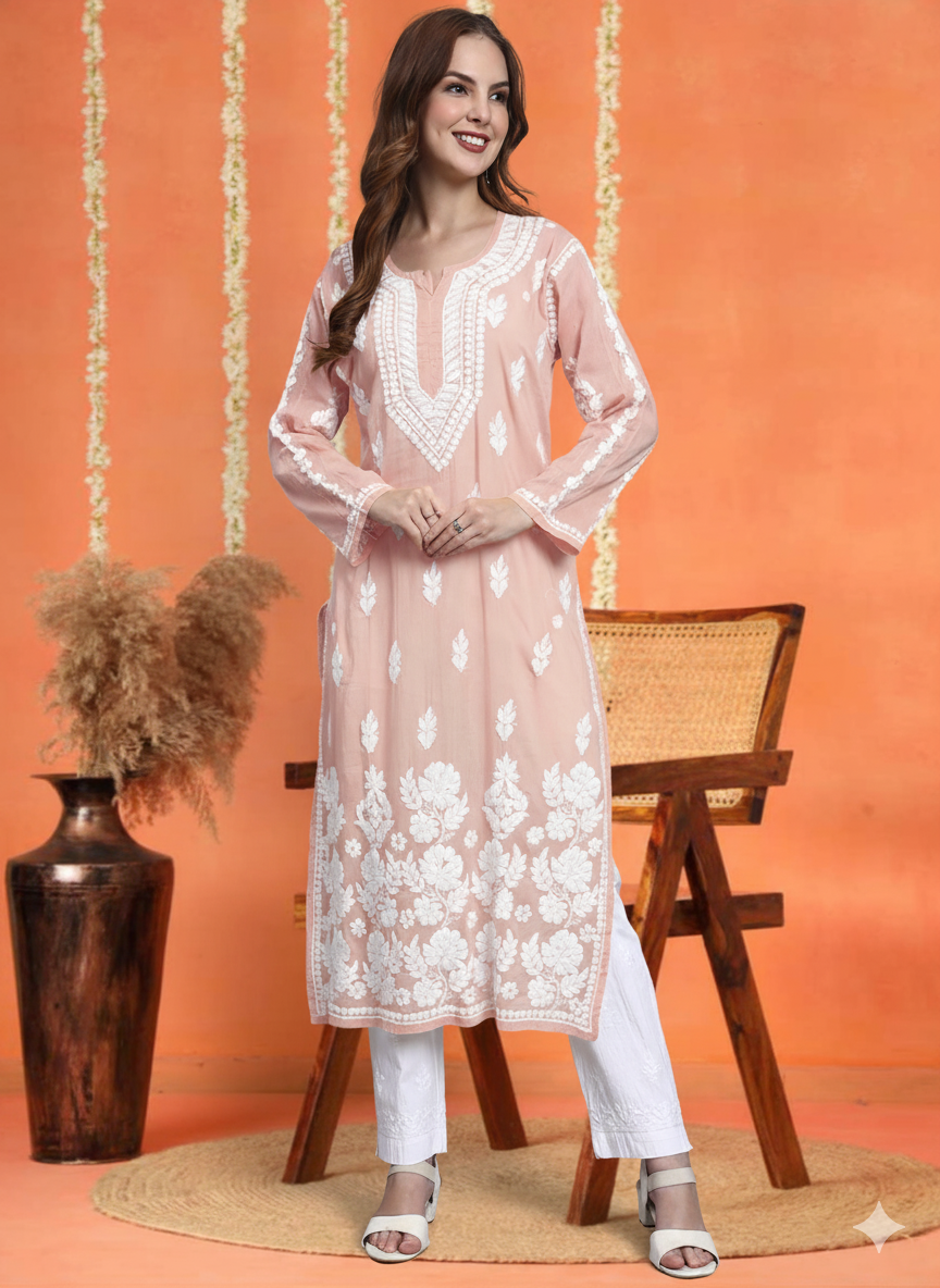 Women Hand Embroidered Chikankari Mulmul Kurti -AL3723 Rust
