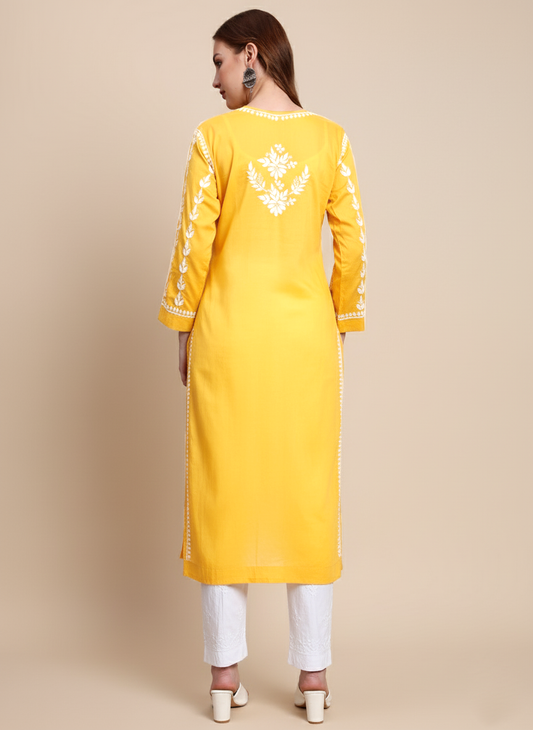 Women Hand Embroidered Chikankari Mulmul Kurti -AL3757 Yellow
