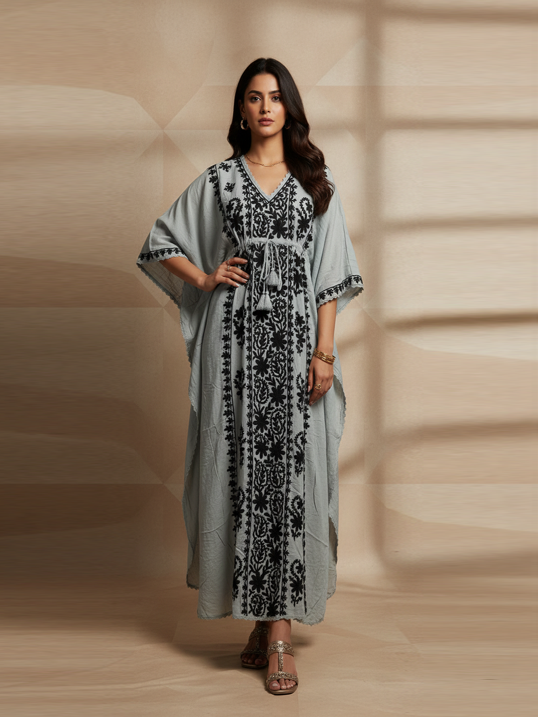 Hand Embroidered Chikankari Rayon Kaftan-AL3475 Black