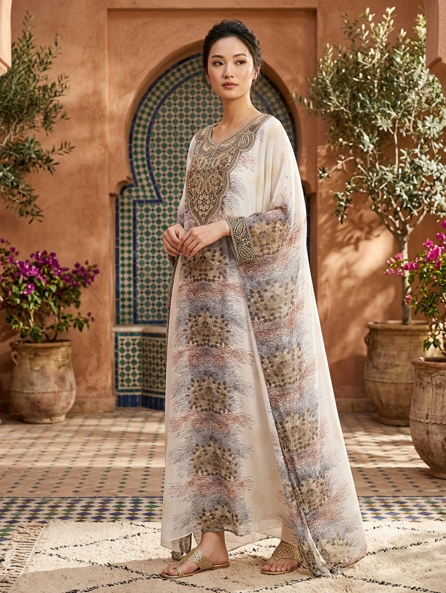 Women Floral Embroidered Chiffon Kaftan-AL3831