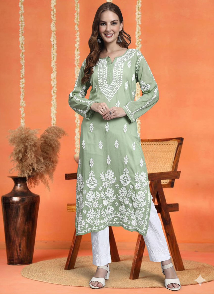 Women Hand Embroidered Chikankari Mulmul Kurti -AL3723 Green